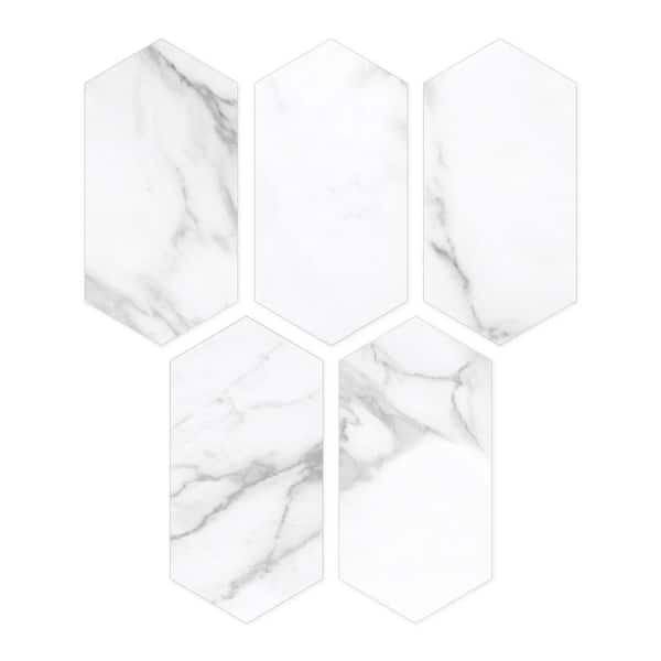sunwings Hexagon Marble 4 in. x 8 in. Calacatta White Peel and Stick Backsplash Stone Composite Wall Tile 36-Tiles, 6.8 sq. ft.