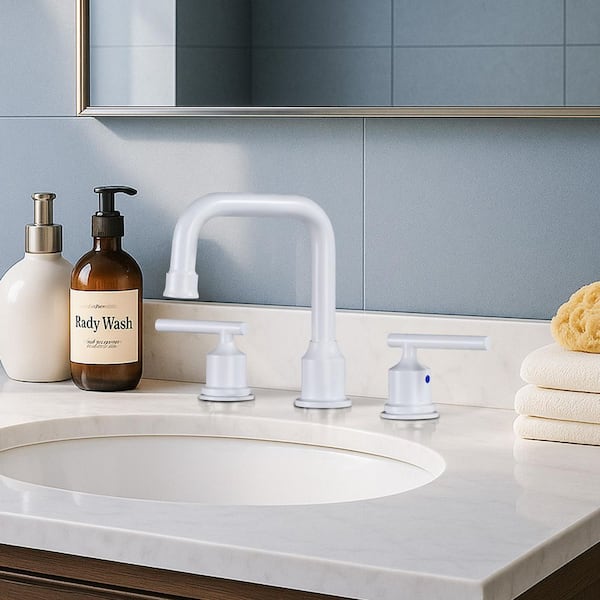 8 in. Widespread 2-Handle Bathroom Faucet with Pop Up Drain, 3 Hole Bathroom Sink Lavatory Faucet in White