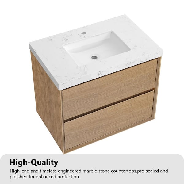 Solenne 30 in. Single Sink Floating Bath Vanity in Natural Oak with White Carrara Engineered Stone Top