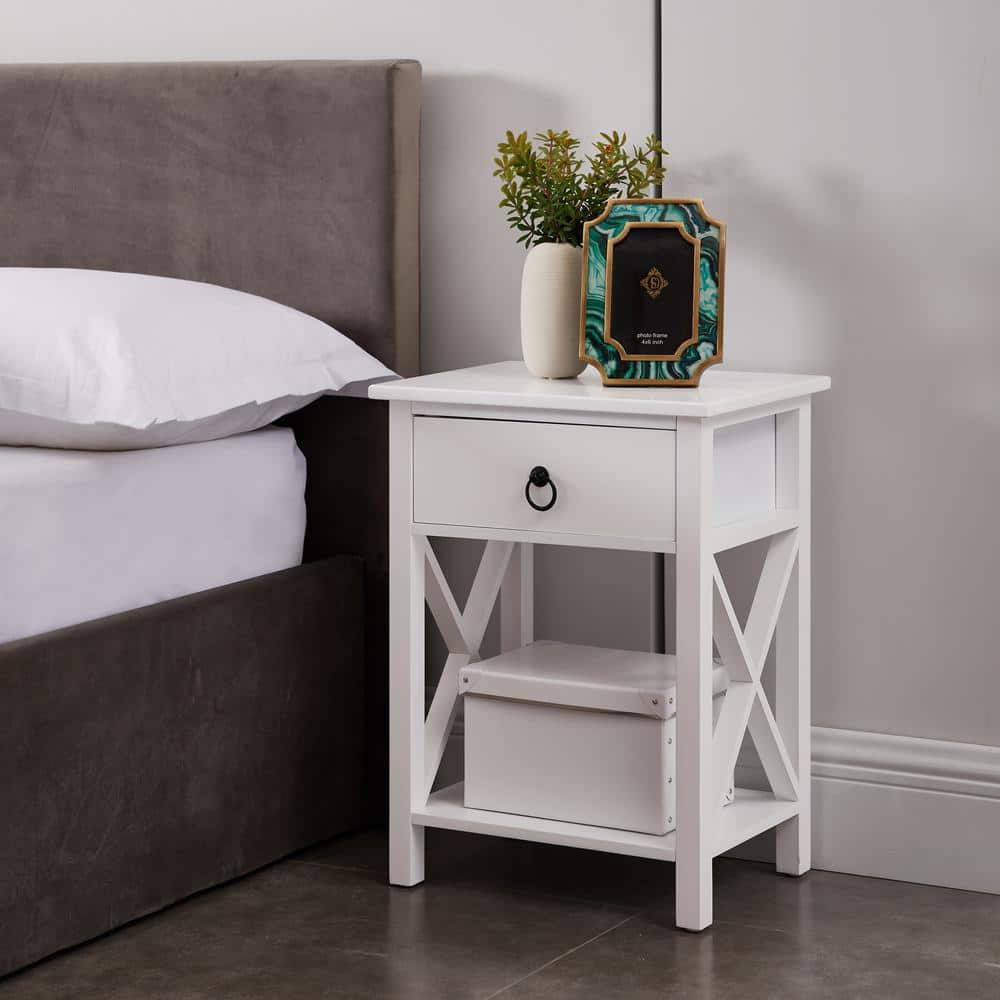 12 in. White Wood Rectangle End Table with Drawer and Shelf
