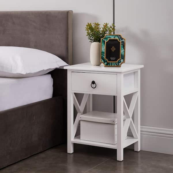 16 in. White Slim Wood End Table with Drawer and Shelf-Narrow Bedside Table for Bedrooms and Small Spaces