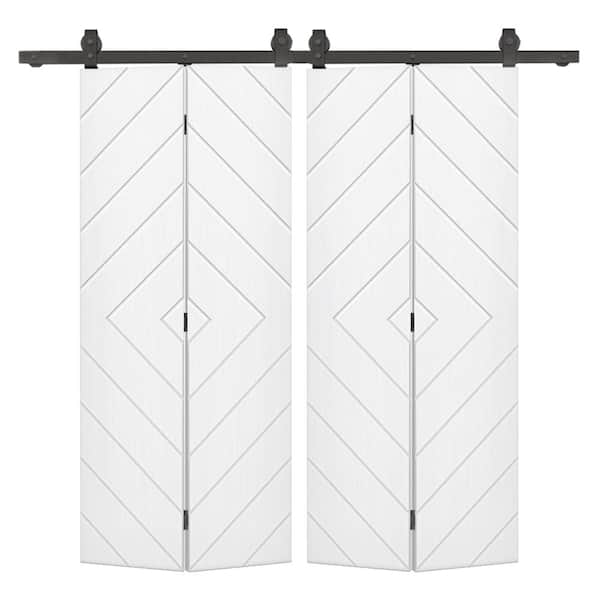 CALHOME Diamond 64 in. x 80 in. White Painted MDF Modern Bi-Fold Double Barn Door with Sliding Hardware Kit