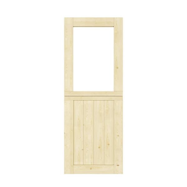 32 in. x 80 in. Solid Pine Wood Universal 1-Lite Clear Glass Unfinished Front Door Slab-Dutch Door Split Single Door