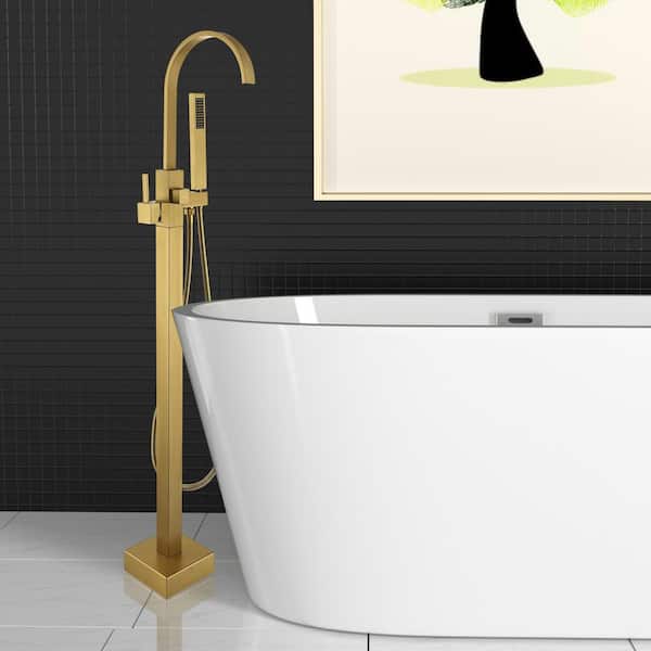 Single-Handle Freestanding Tub Faucet with Hand Shower Head in Brushed Brass