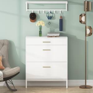 White Shoe Storage Cabinet with Drawer, Flip Shelves, and Wall Mount Rack