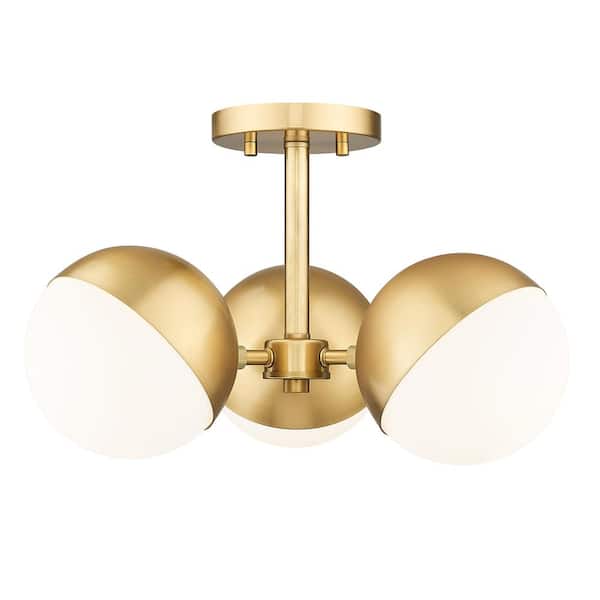 Realm Sphere 17.25 in. Modern Gold 3 Light Semi Flush Mount with Matte Opal Glass Shades