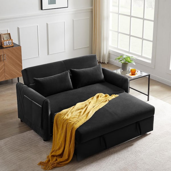 Seafuloy 55 In Width Black Velvet Twin Sofa Bed With Adjule Backrest And 2 Pillows W1193s00005 1 The