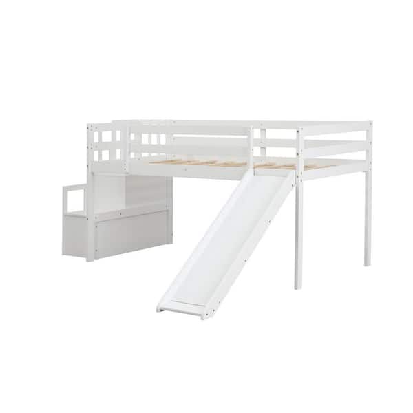 Magic Home White Loft Bed with Stair Case and Slide