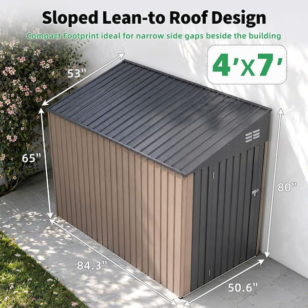 4 ft. W x 7 ft. D Outdoor Metal Lean to Shed Garden Storage Cabinet with Single Door in Grey (28 sq ft. )