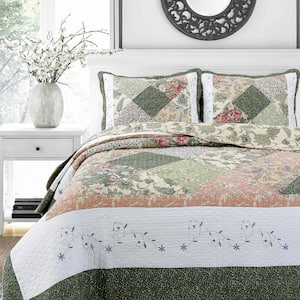 Floral Vine Country Cottage Flower Garden Embroidered Scalloped 3-Piece Green Pink Yellow Cotton Queen Quilt BeddingSet