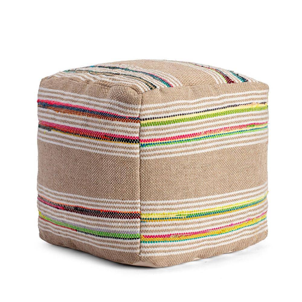 Soulard Handmade Beige & Multicolor Square Pouf Ottoman
