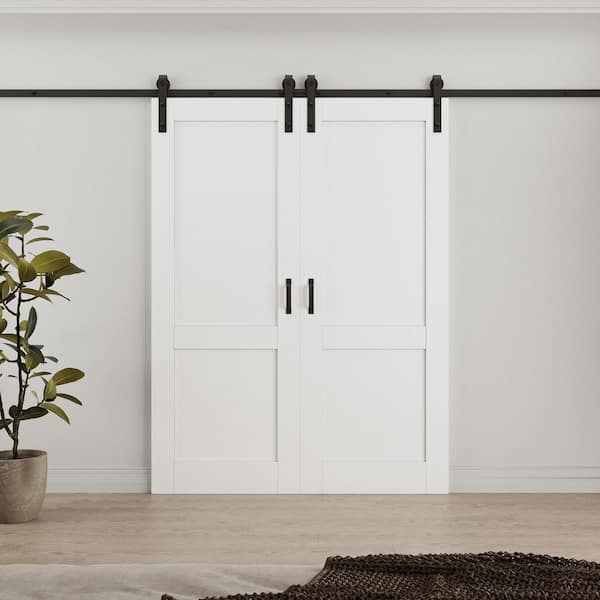 60 in. x 80 in. (Double 30 in. ) Paneled 2 Lite White Primed Solid Core MDF Sliding Barn Door with Hardware Kit