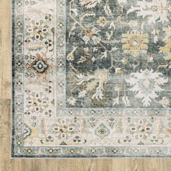 4' x 6' Grey Charcoal Gold Brown Ivory Pale Sage and Light Blue Oriental Printed Stain Resistant Non Skid Area Rug