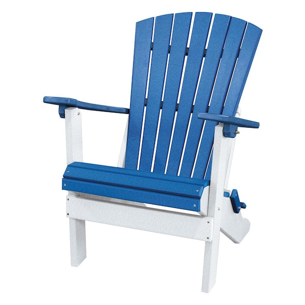 All Poly 29 in. White Frame Folding Poly Resin 1-Person Adirondack Chair with Blue Seat