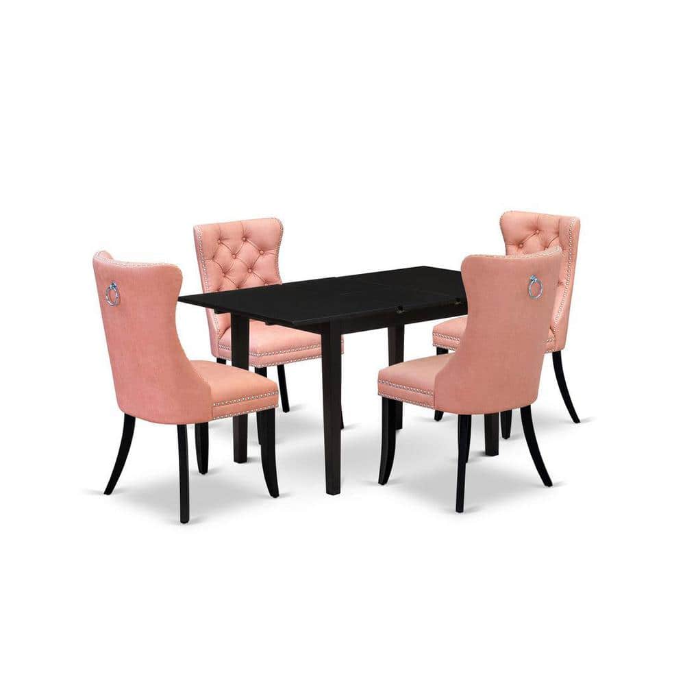 5-Piece Black Finish Solid Wood Top - Rectangular Dining Room Set with Butterfly Leaf - Seats 4