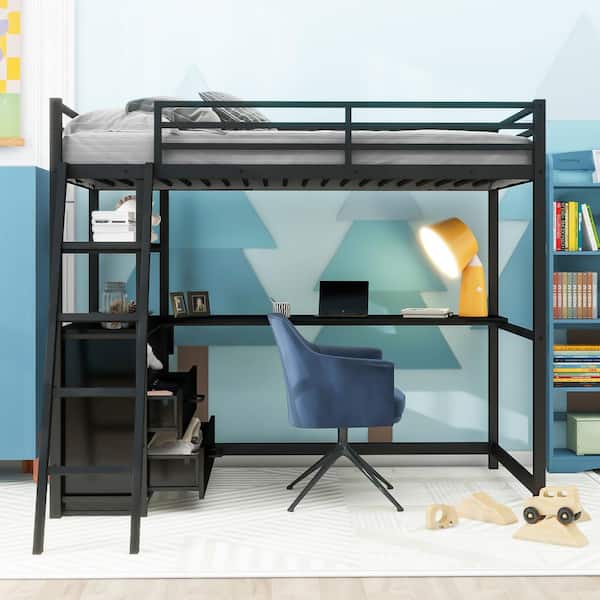 Qualler Black Twin Size Metal Frame Loft Bed with Desk and Shelf