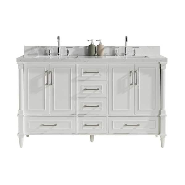 ANGELES HOME 60 in. W x 22 in. D x 36 in. H Solid Wood Bath Vanity in White with White Cultured Marble Top, Double Sink, Assembled