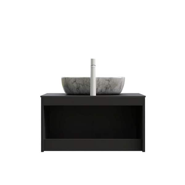 29.92 in. Single Sink Floating Black Bath Vanity with Black Sintered Stone Top and Stone-Gray Sink