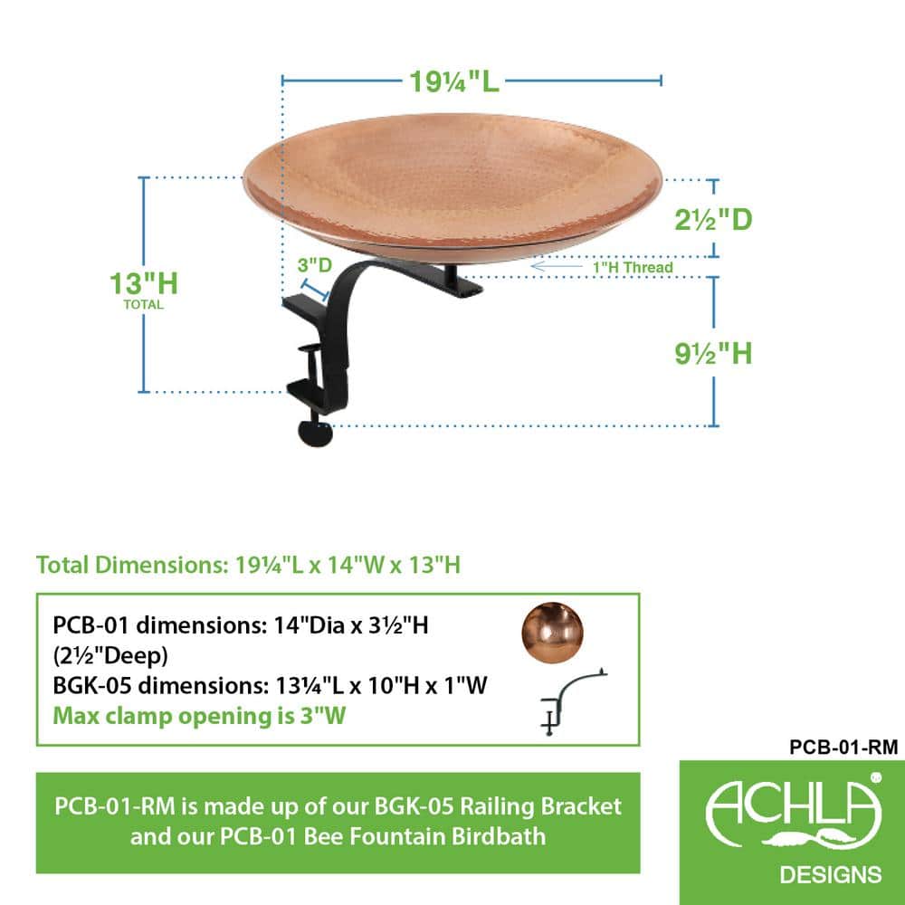 15" Polished Copper Rail-Mounted Birdbath with Wrought Iron Bracket