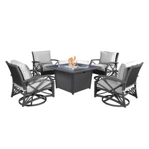 Ethan Grey 5-Piece Propane Patio Fire Pit Set with an Aluminum Frame, Wicker Chairs and Grey Cushions