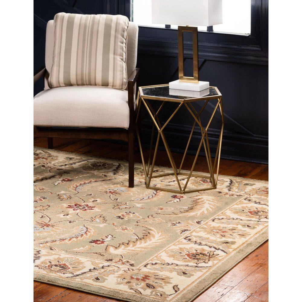Green Floral Square Stain-Resistant Synthetic Area Rug