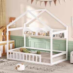 White Twin Size Wood House Bed with Fence, Roof and Storage Shelf