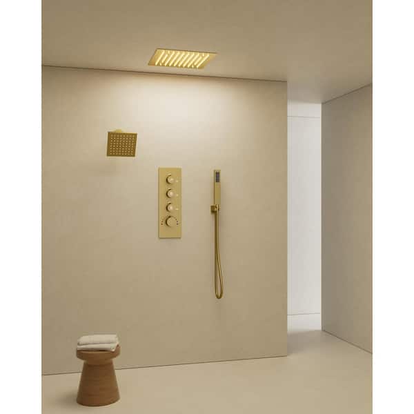 Thermostatic Valve LED Mood Lighting 7-Spray Ceiling Mount 12 and 6 in. Dual and Handheld Shower Head in Brushed Gold