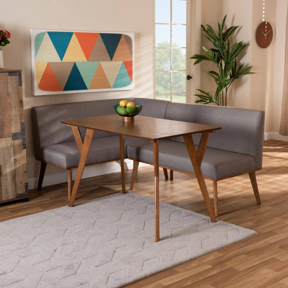Odessa Mid-Century Modern Walnut Brown and Gray 3-Piece Dining Nook Set