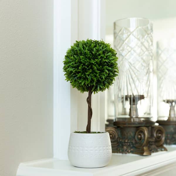 Flora Bunda 14 in. Artificial Boxwood in Mayan Ceramic Pot