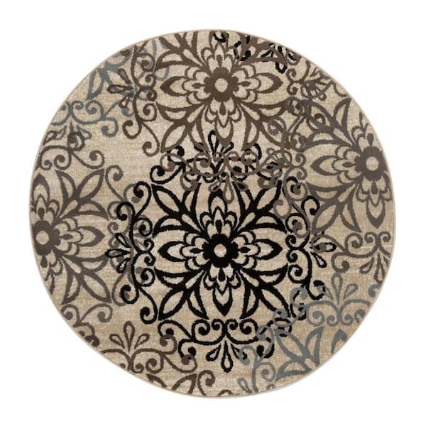 8 ft. Round Tan Gray and Black Round Floral Medallion Stain Resistant Area Rug