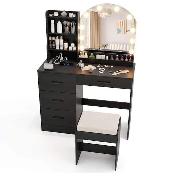 Costway 2-Piece Black Makeup Vanity Set with Mirror and Lights Dressing Table and Chair 4 Drawers 3 Open Shelves