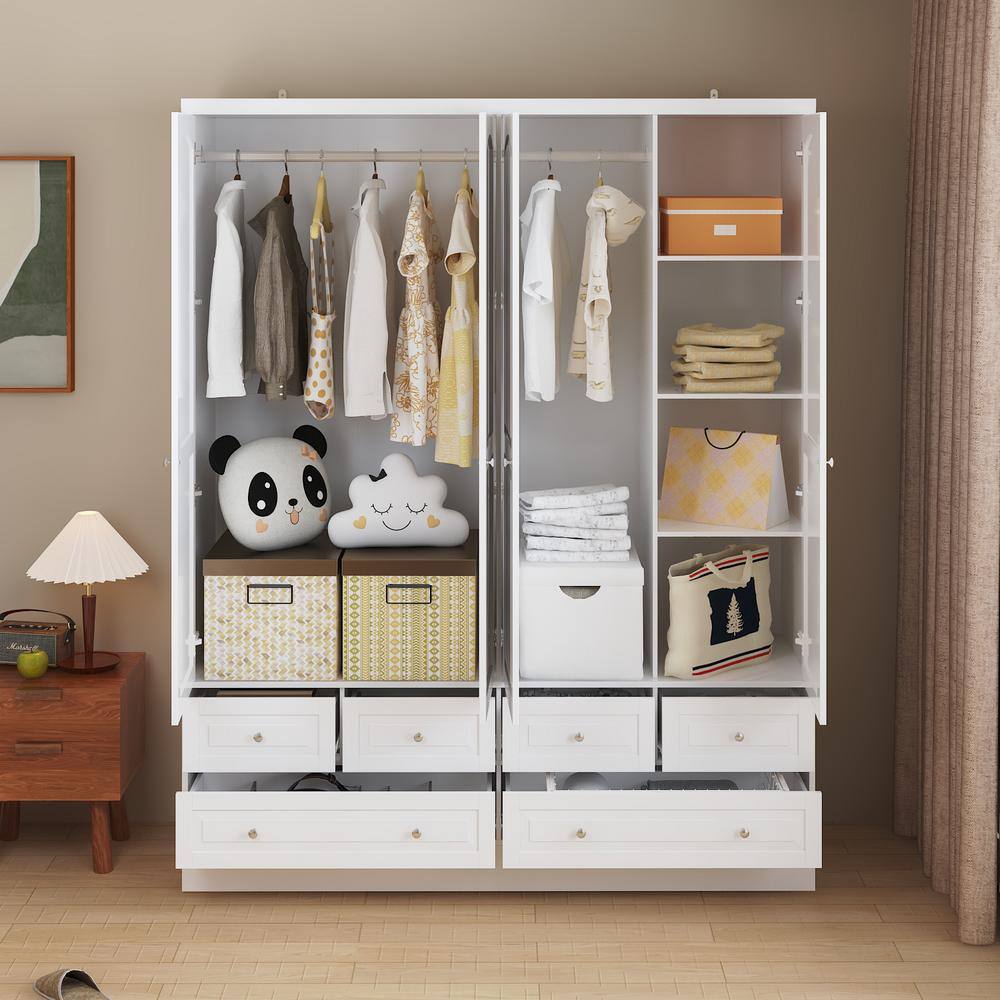 White Wood 63 in. W Big Wardrobe Armoires Mirror, Hanging Rods, Drawers, Adjustable Shelves, 78.7 in. H x 19.7 in. D - thumbnail 2