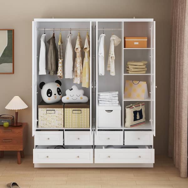 White Wood 63 in. W Big Wardrobe Armoires Mirror, Hanging Rods, Drawers, Adjustable Shelves, 78.7 in. H x 19.7 in. D