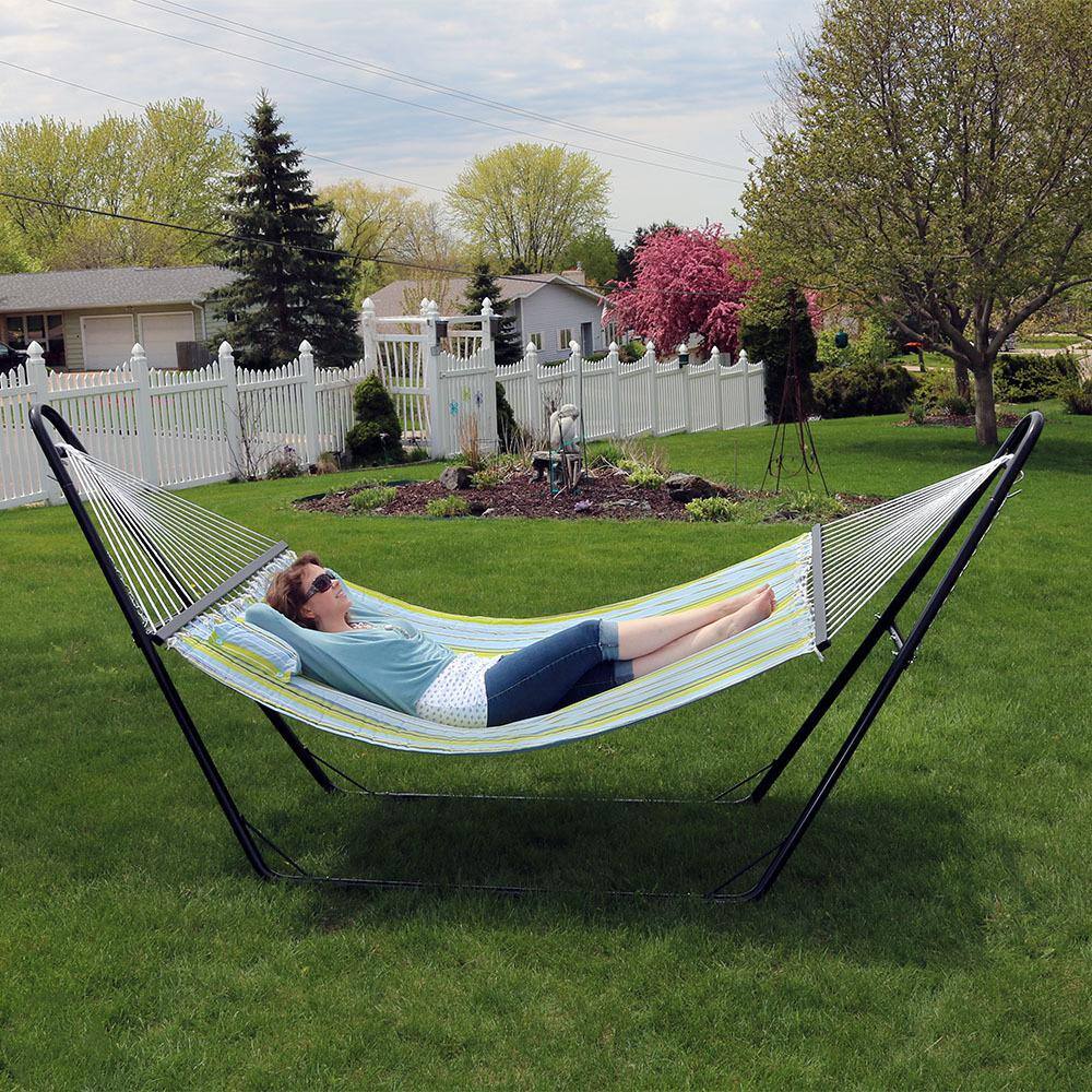 Blue and Green Quilted Fabric Double Hammock with Steel Stand