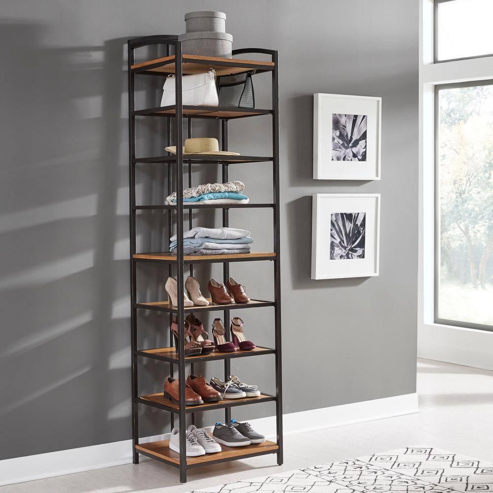Modern Craftsman Distressed Oak Wall Shelf Unit with Gold Accents