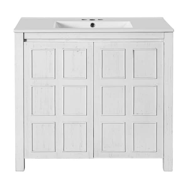 Virubi 36 in. W Single Sink Bath Vanity in White with White Ceramic Top, 2-Doors