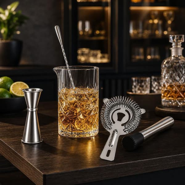 Wudkey 24 oz. Cocktail Mixing Glass Kit with Stainless Steel Jigger, Muddler, Strainer, Spoon and Recipe for Home and Party