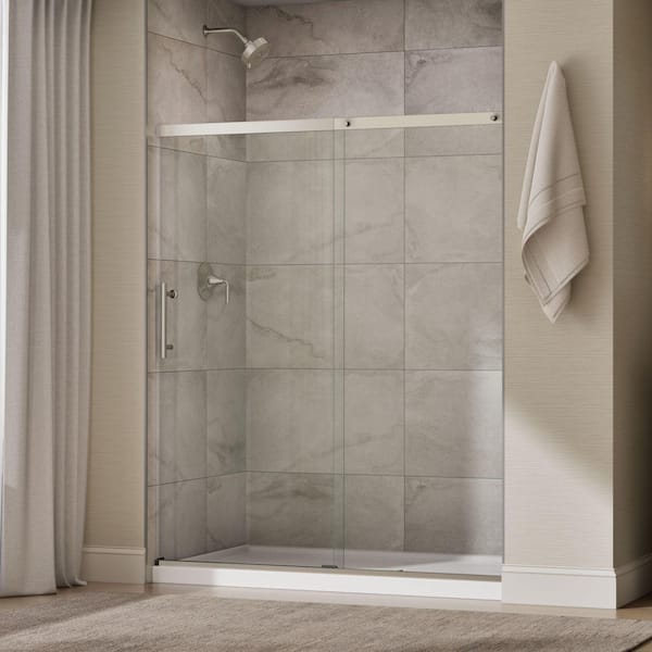 Setra 57-60 in. W x 71 in. H Frameless Sliding Shower Door in Brushed Nickel with 1/4 in. Thick Clear Tempered Glass