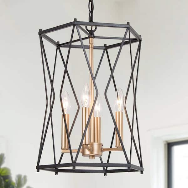 4-Light Black and Gold Cage Chandelier for Dining Room