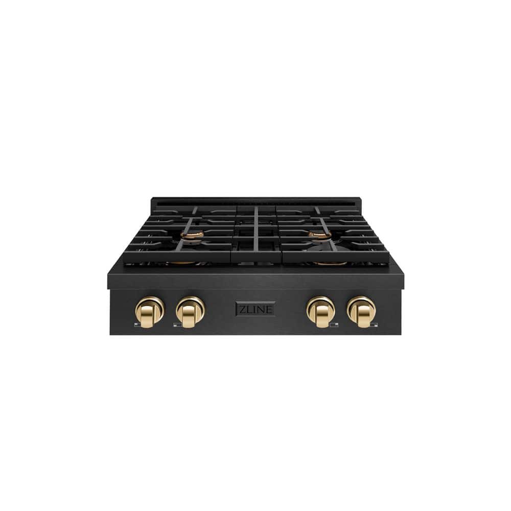 Autograph 30 in. Paramount Gas Rangetop with 4 Burners and Porcelain Cooktop in Black Satin with Polished Gold Accents