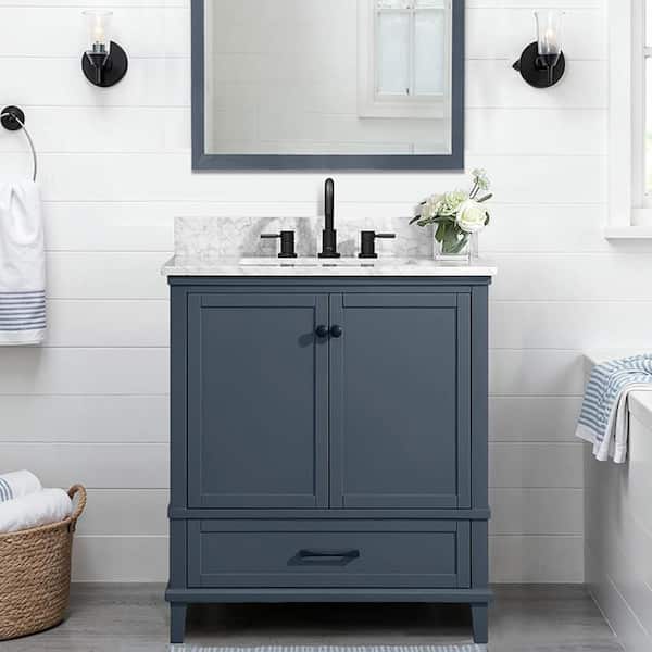 Merryfield 31 in. Single Sink Dark Blue-Grey Bath Vanity with White Carrara Marble Top (Assembled)