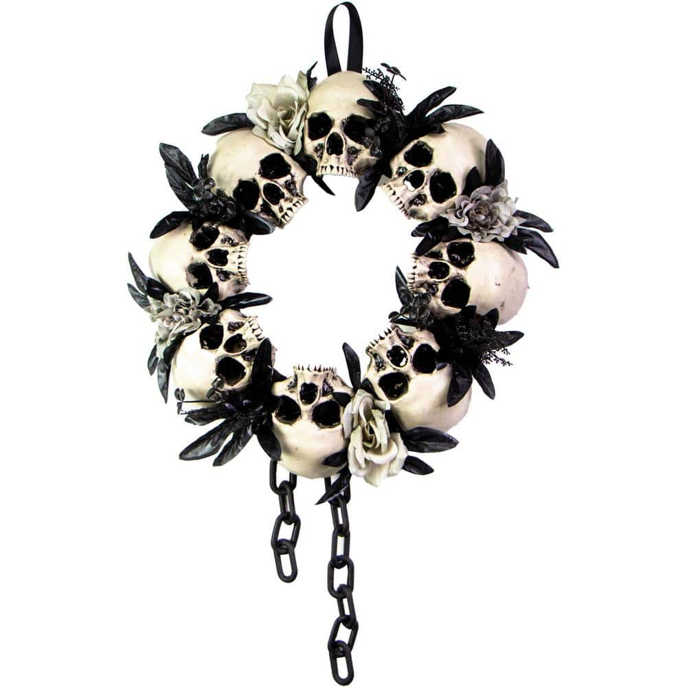 Haunted Hill Farm 15.7 in. White-Black-Gray Skulls and Chains, Halloween  Wreath Decoration HHSKEL-9WRTH - The Home Depot