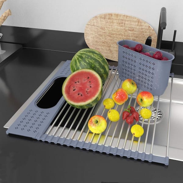 Roll Up Over Sink Dish Drying Rack with Utensil Baskets, Foldable Collapsible Dish Rack for Kitchen Space Saving, Grey