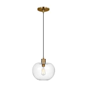 Mela 12.375 in. W x 12.5 in. H 1-Light Burnished Brass Modern Dimmable Medium Pendant Light with Clear Glass Shade