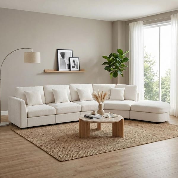 Modern 160.43 in.  Chenille Upholstered Curved Modular 5-Seater Sectional Sofa in Beige with Pillows