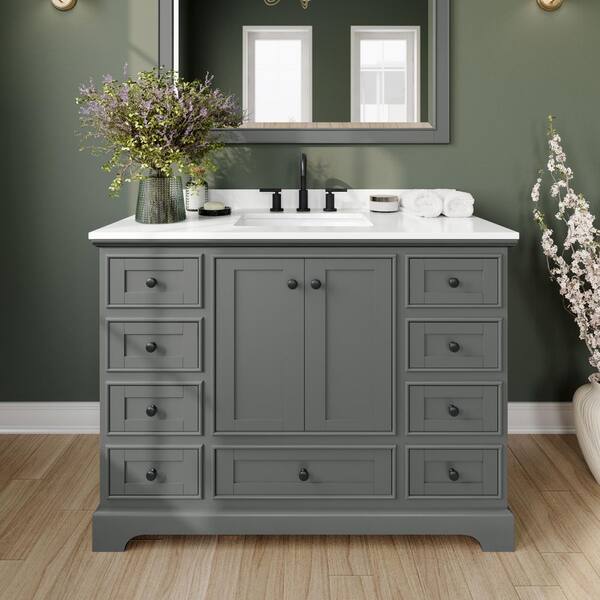 Wyndham Collection Deborah 48 in. W x 22 in. D x 35 in. H Single Bath Vanity in Dark Gray with White Quartz Top and 46 in. Mirror