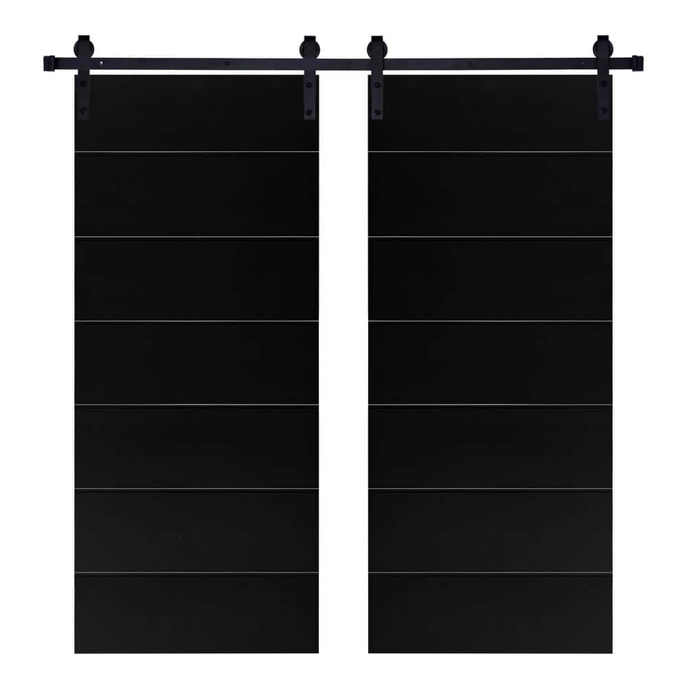 Modern LINE Designed 48 in. x 80 in. MDF Panel Black Painted Double Sliding