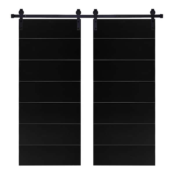 Unbranded Modern LINE Designed 48 in. x 80 in. MDF Panel Black Painted Double Sliding Barn Door with Hardware Kit