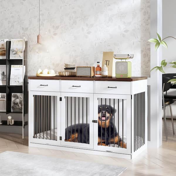 FUFU&GAGA Large Dog House Furniture Style Dog Cage Storage Cabinet, Dog Crate with 3 Drawers for Medium Small Dogs, White