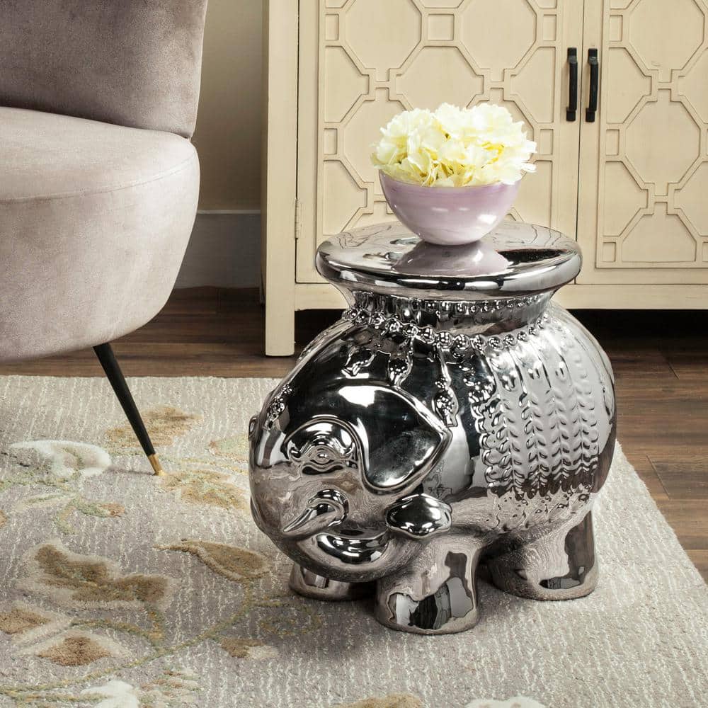 Silver Ceramic Elephant Garden Stool